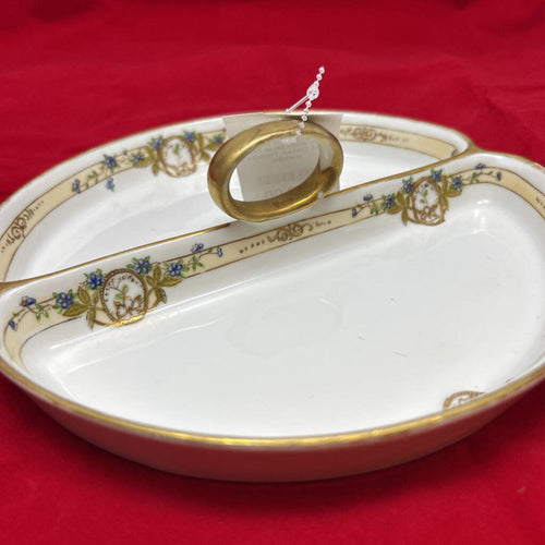 Antique Nippon Handpainted Divided Dish with Blue Floral Gold Detail, Handle in middle.