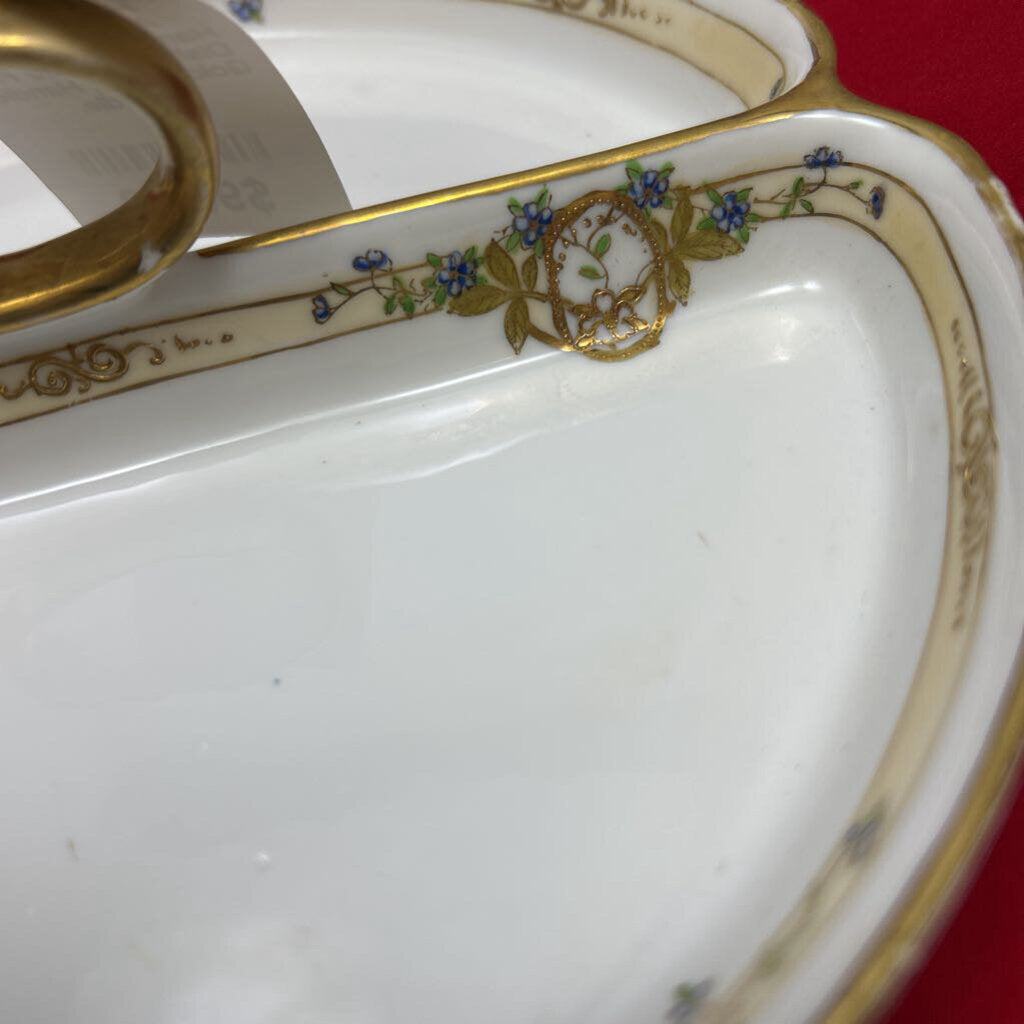Antique Nippon Handpainted Divided Dish with Blue Floral Gold Detail, Handle in middle.