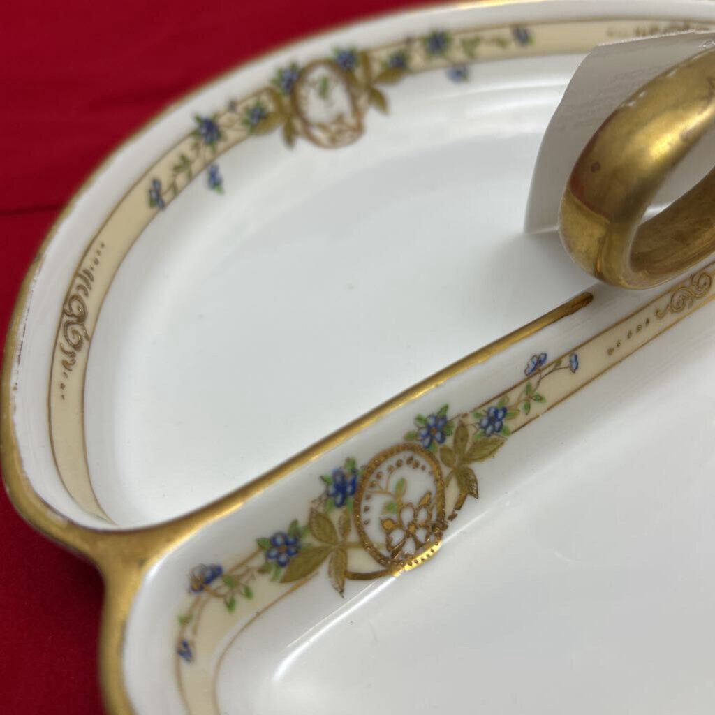 Antique Nippon Handpainted Divided Dish with Blue Floral Gold Detail, Handle in middle.