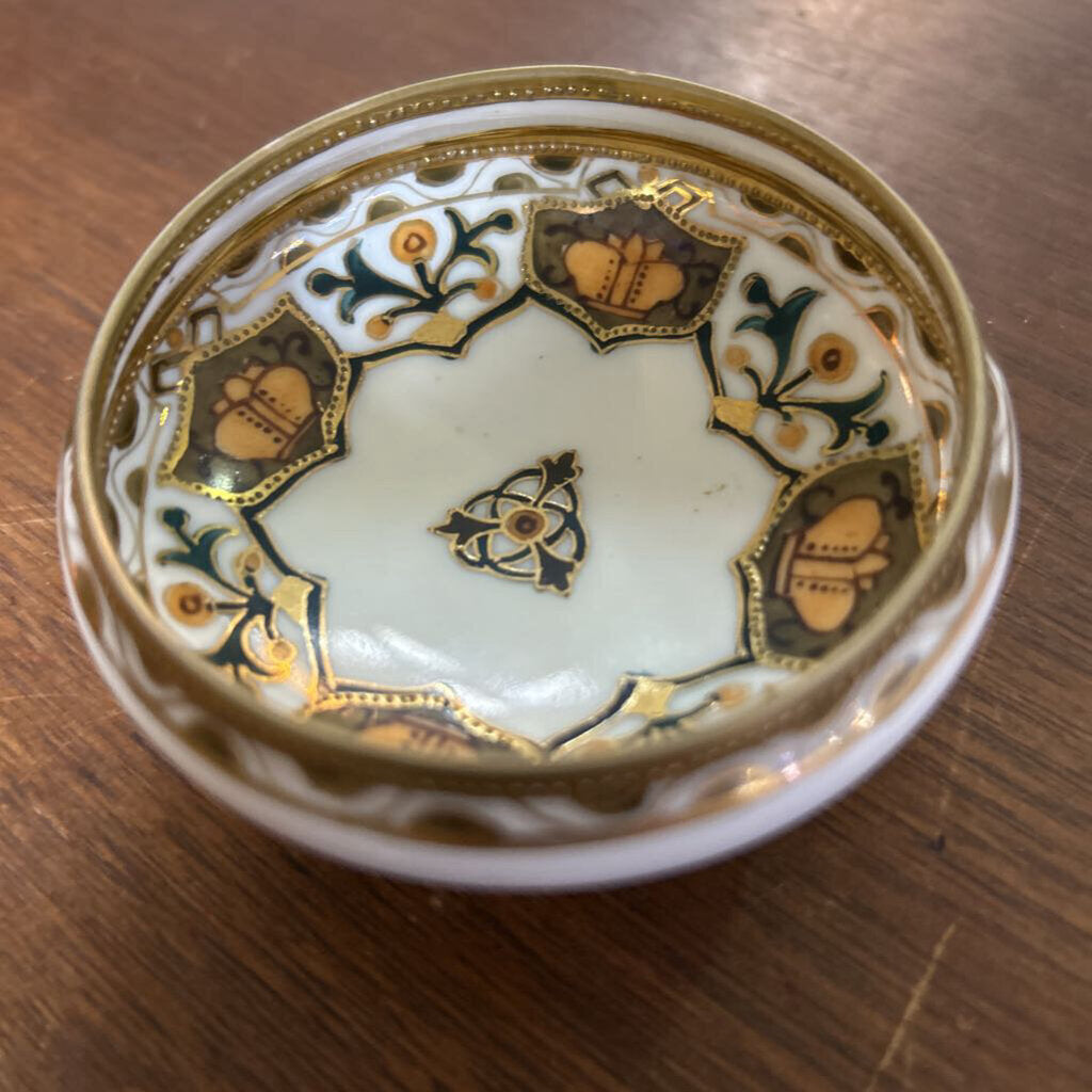 Hand Painted Nippon 1891-1921 Salt cellar/Trinket, Gold/Orange/Green.