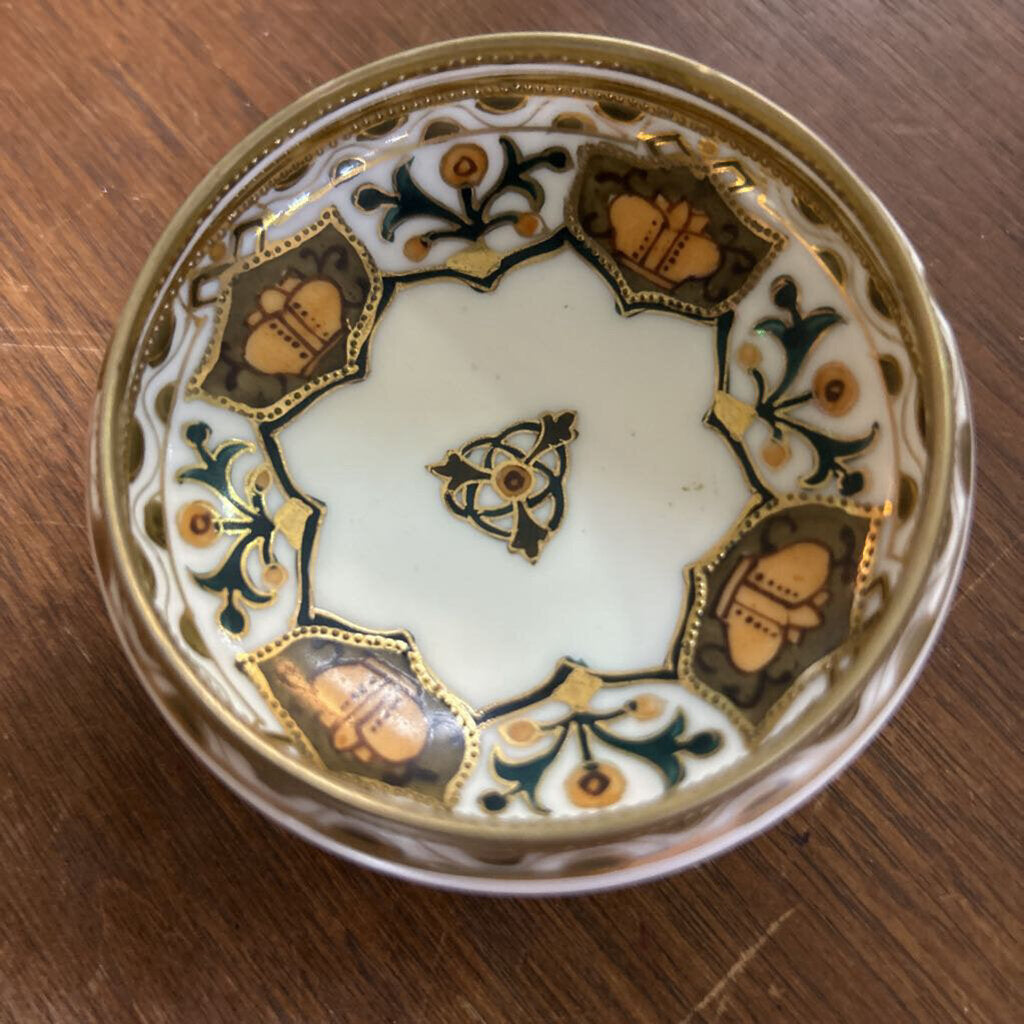 Hand Painted Nippon 1891-1921 Salt cellar/Trinket, Gold/Orange/Green.