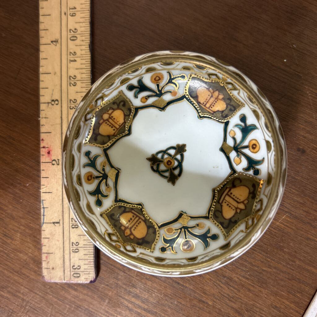 Hand Painted Nippon 1891-1921 Salt cellar/Trinket, Gold/Orange/Green.
