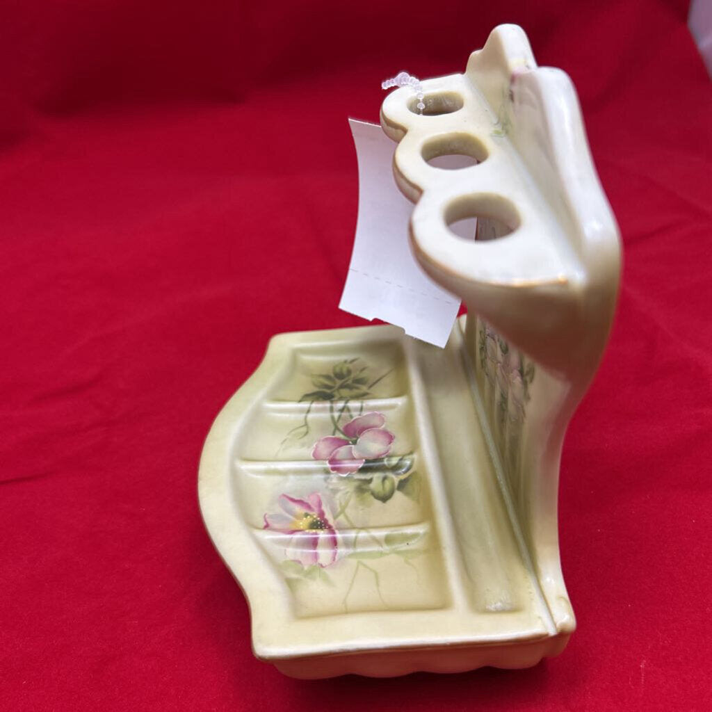 Antique Nippon Porcelain Toothbrush/Soap Hanging Holder, Floral Green/Pink.