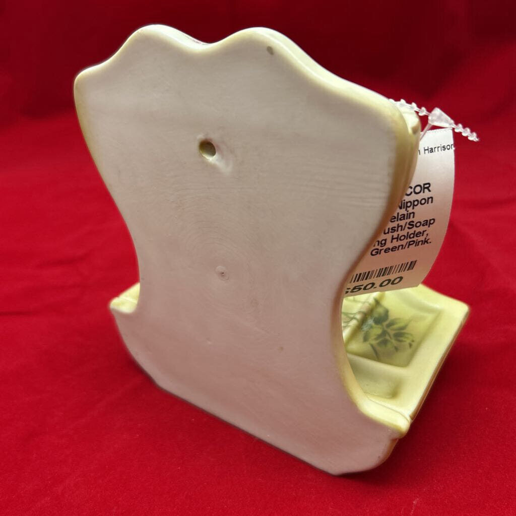 Antique Nippon Porcelain Toothbrush/Soap Hanging Holder, Floral Green/Pink.