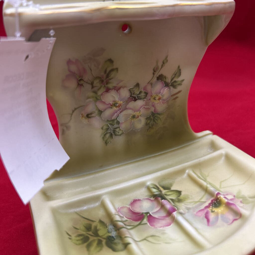 Antique Nippon Porcelain Toothbrush/Soap Hanging Holder, Floral Green/Pink.