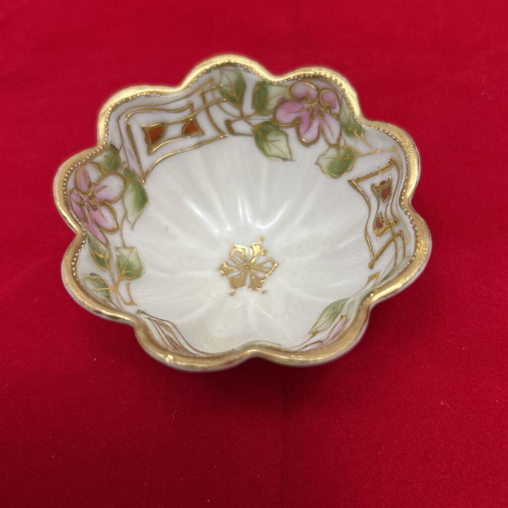 Nippon Hand Painted Scalloped Trinket Dish, Floral Pink/ Gold Detail.