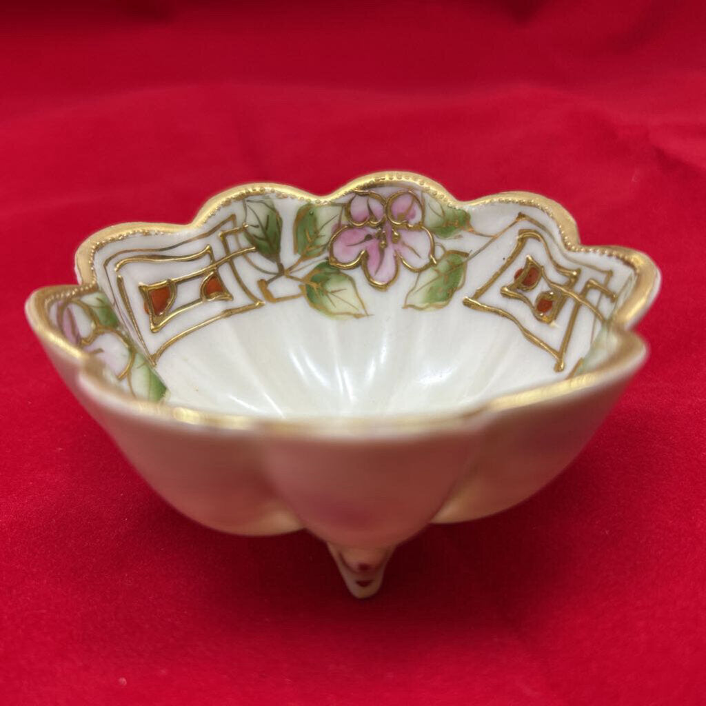 Nippon Hand Painted Scalloped Trinket Dish, Floral Pink/ Gold Detail.