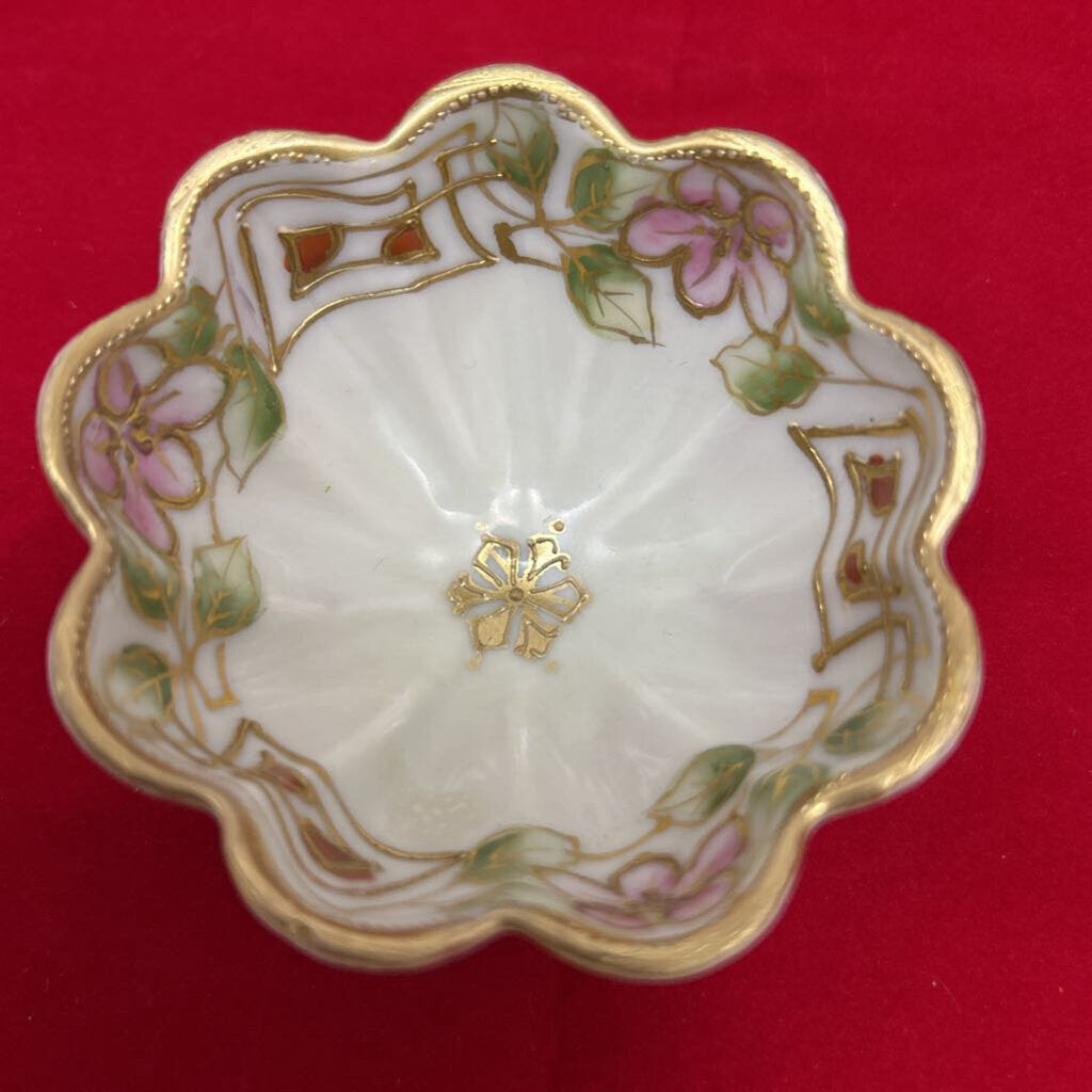 Nippon Hand Painted Scalloped Trinket Dish, Floral Pink/ Gold Detail.