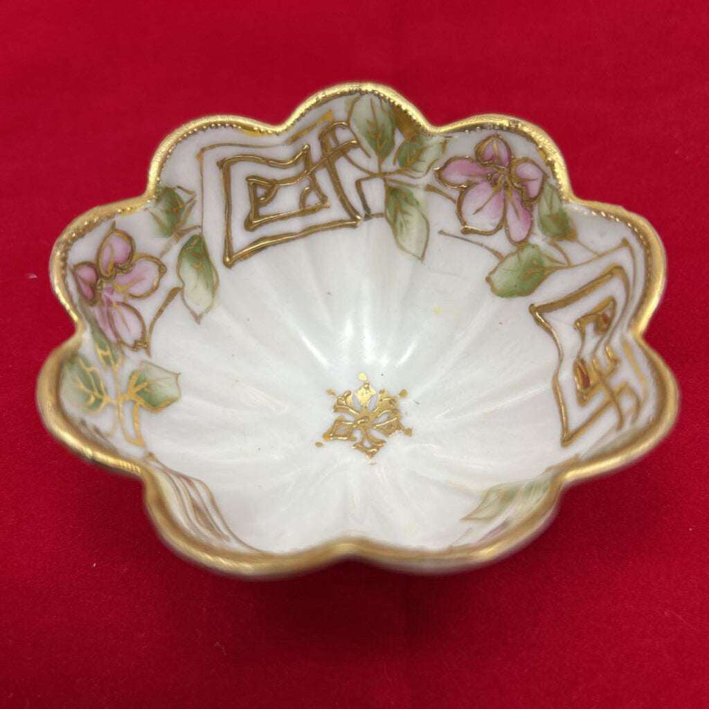 Nippon Hand Painted Scalloped Trinket Dish, Floral Pink/ Gold Detail.