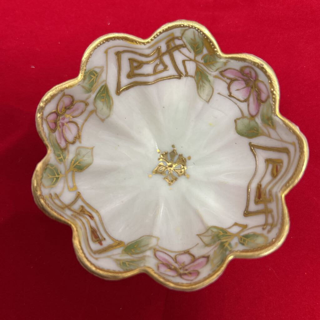 Nippon Hand Painted Scalloped Trinket Dish, Floral Pink/ Gold Detail.