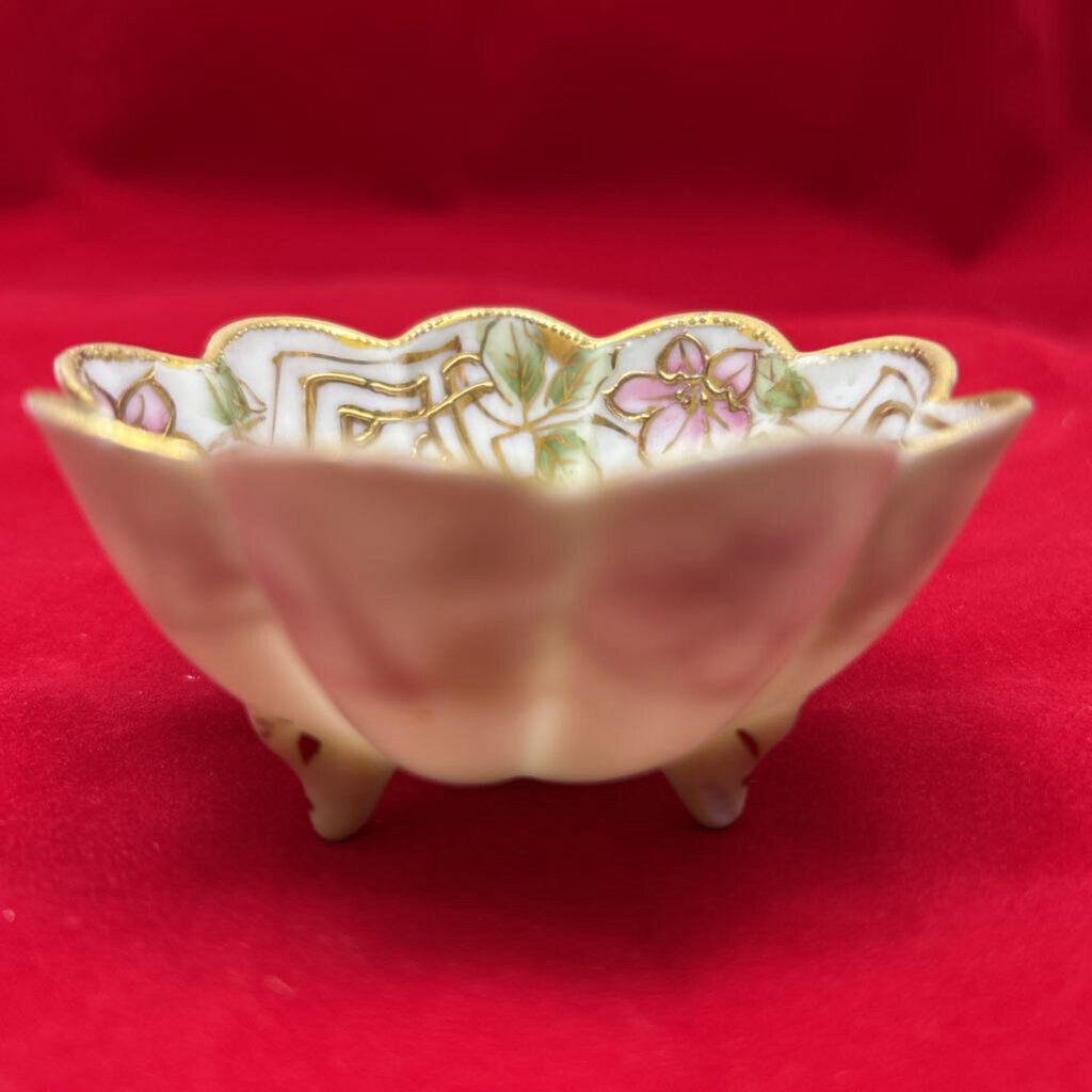 Nippon Hand Painted Scalloped Trinket Dish, Floral Pink/ Gold Detail.