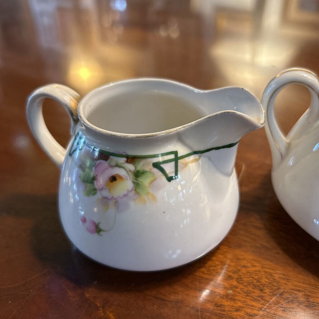 Nippon Cream & Covered Sugar Pair, Pink roses & Green Geometric Border