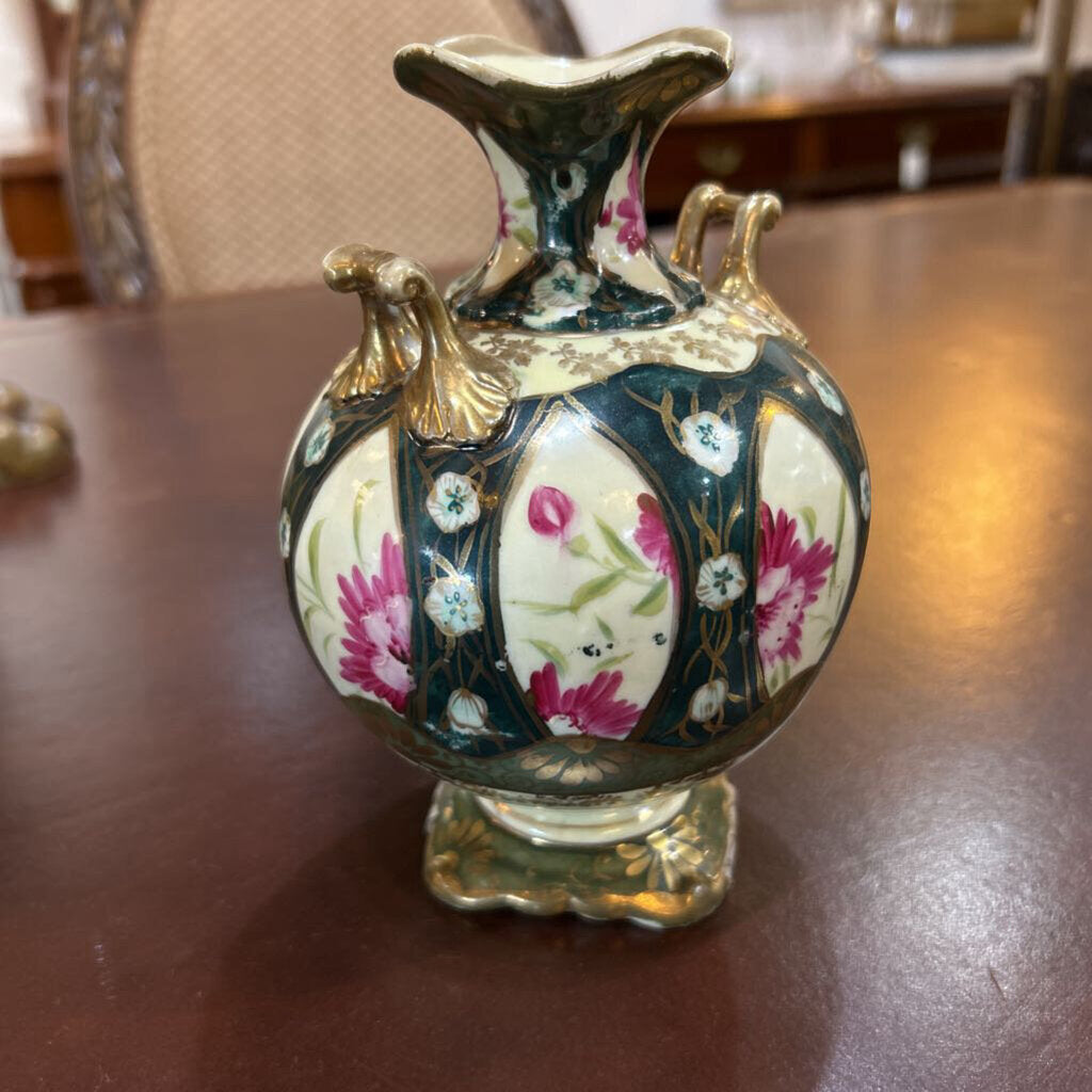 Japanese Hand Painted Vase, Cobalt & Floral Panels with Handles 7" Tall