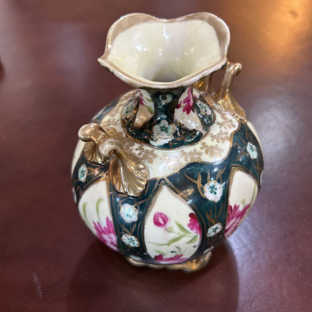 Japanese Hand Painted Vase, Cobalt & Floral Panels with Handles 7" Tall