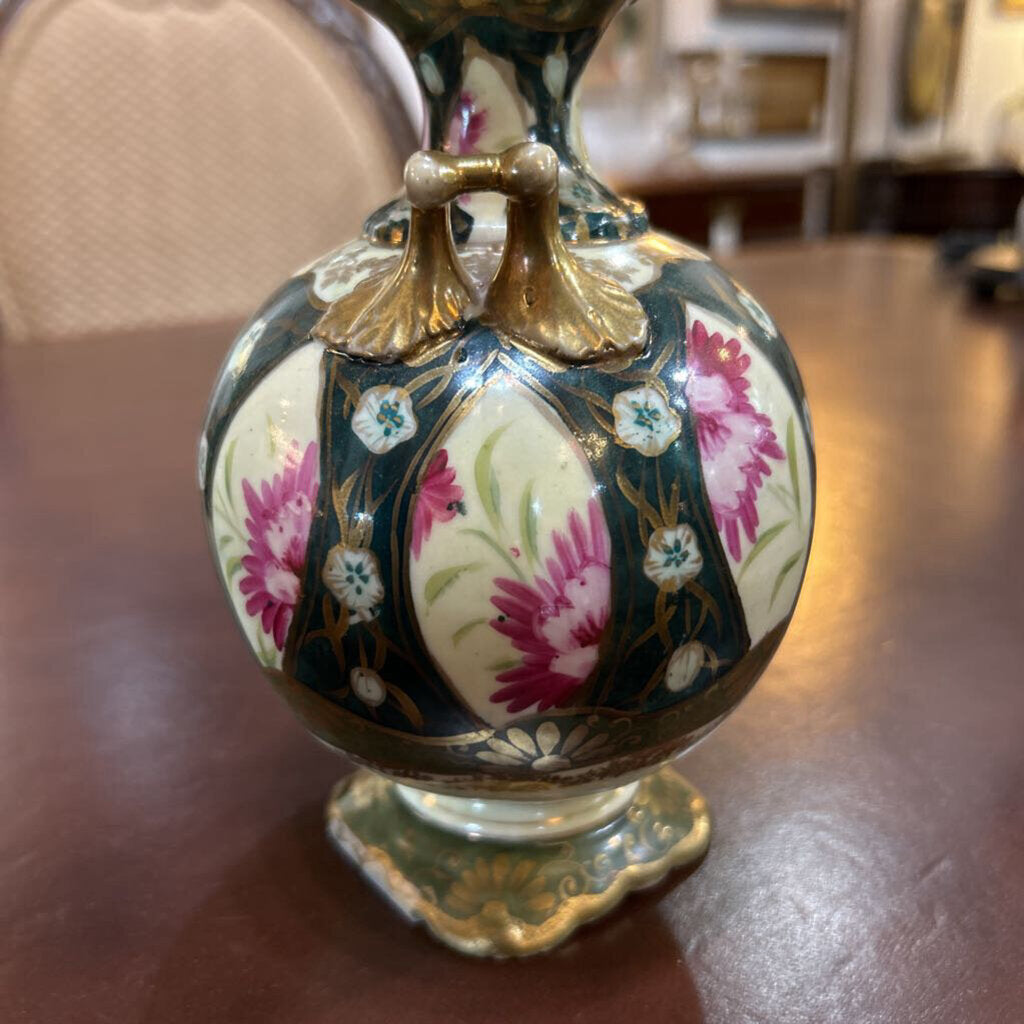 Japanese Hand Painted Vase, Cobalt & Floral Panels with Handles 7" Tall