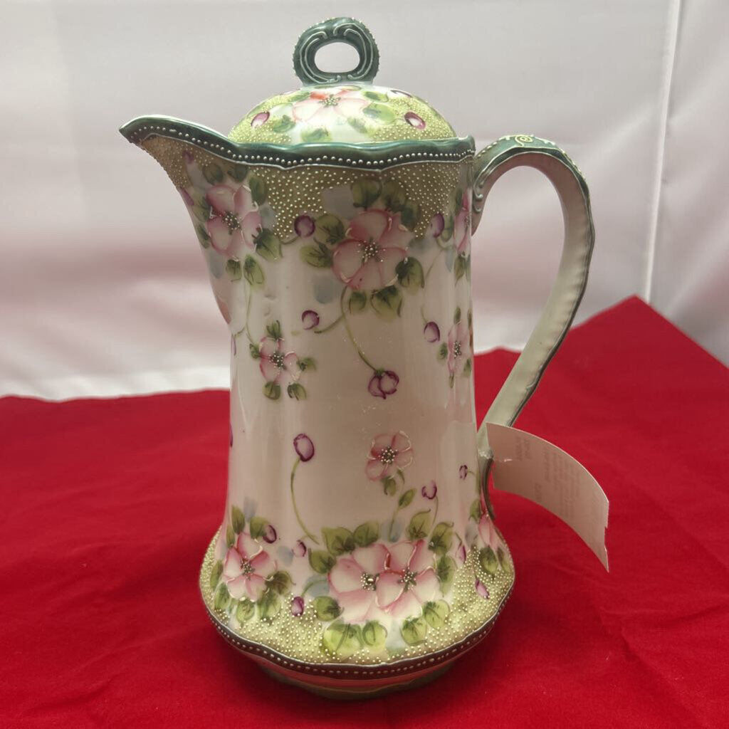 Antique Nippon Porcelain Chocolate pot 1891-1921, Hand Painted Pink Blossom, Raised Detail work.