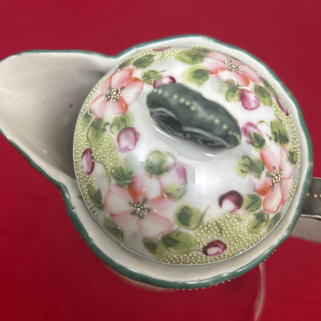 Antique Nippon Porcelain Chocolate pot 1891-1921, Hand Painted Pink Blossom, Raised Detail work.