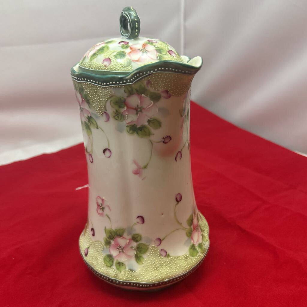 Antique Nippon Porcelain Chocolate pot 1891-1921, Hand Painted Pink Blossom, Raised Detail work.
