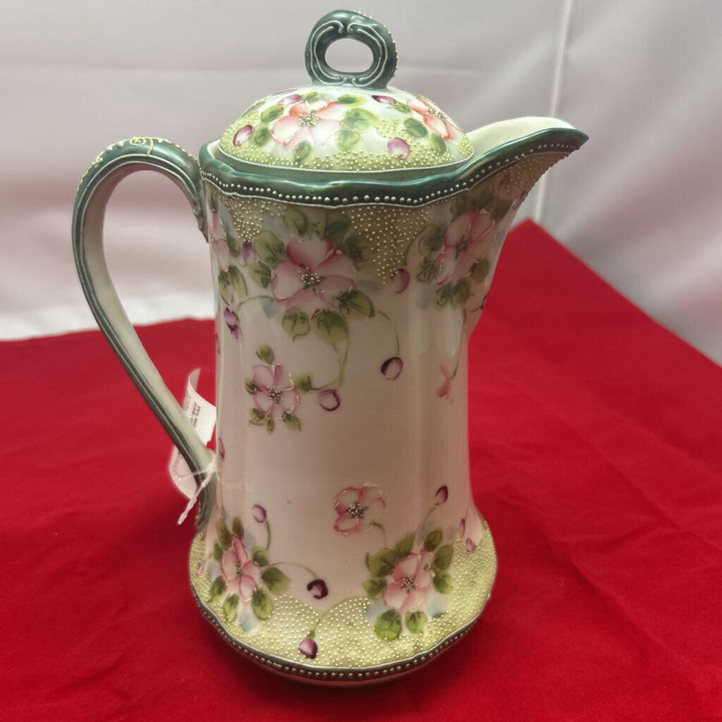 Antique Nippon Porcelain Chocolate pot 1891-1921, Hand Painted Pink Blossom, Raised Detail work.
