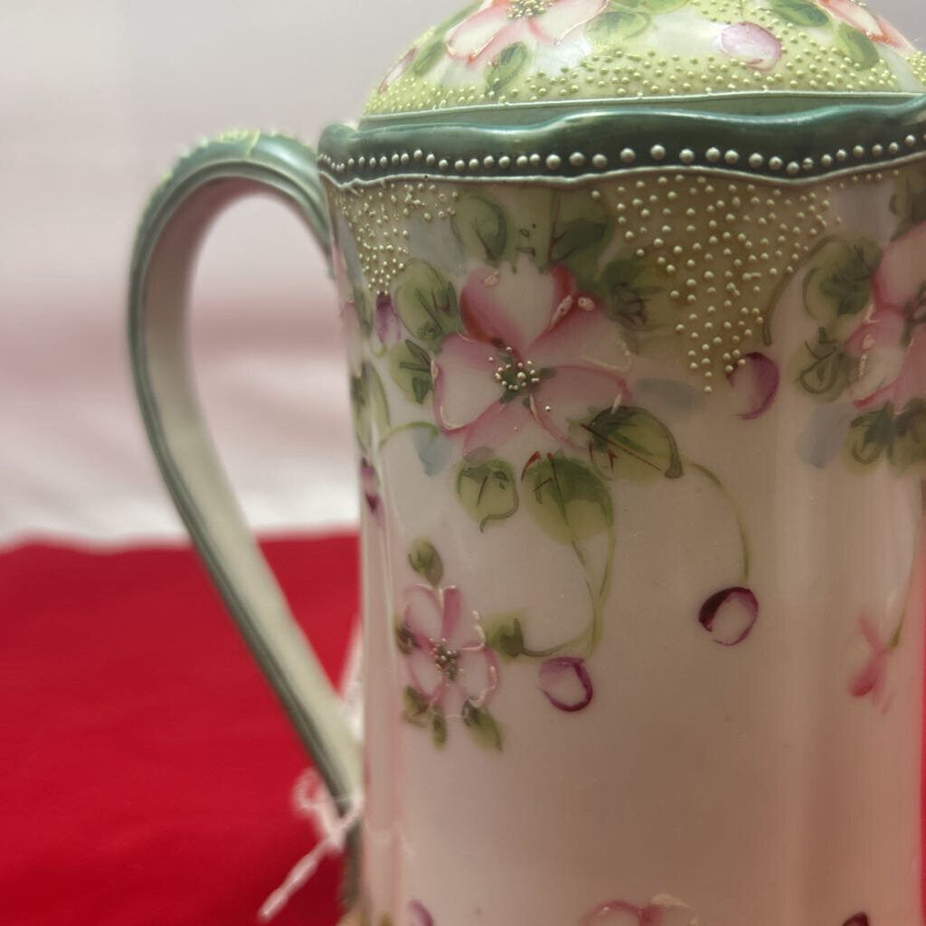Antique Nippon Porcelain Chocolate pot 1891-1921, Hand Painted Pink Blossom, Raised Detail work.