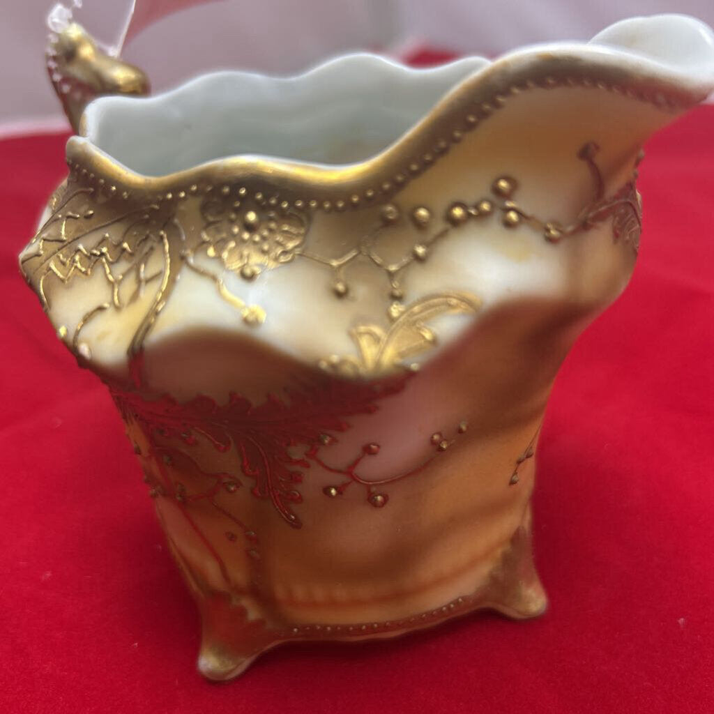 Nippon Porcelain Creamer, Gold Gilding, raised Moriage, Floral.