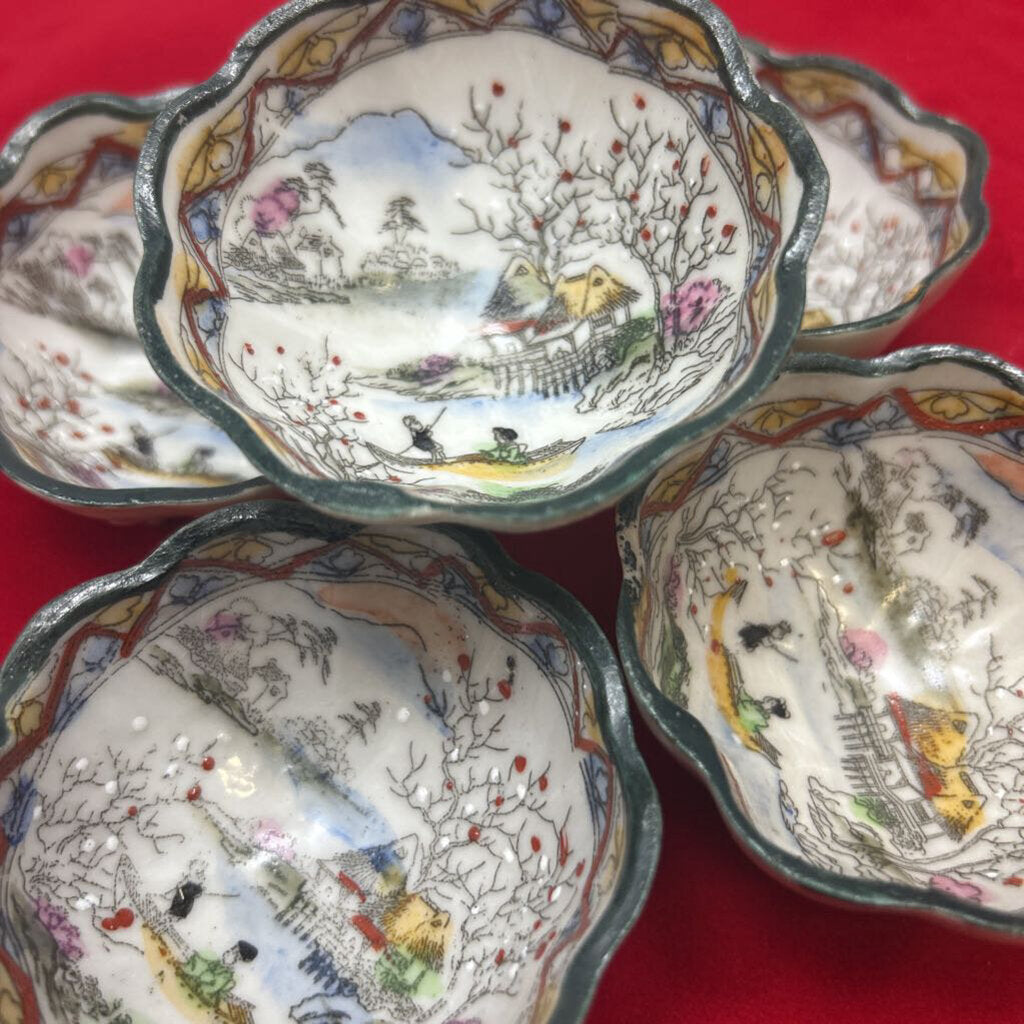 Japanese Footed Salt Cellar, River, Persimmon Trees scene. set 5.