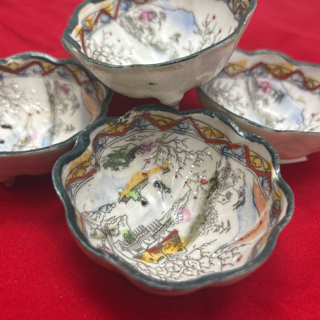 Japanese Footed Salt Cellar, River, Persimmon Trees scene. set 5.