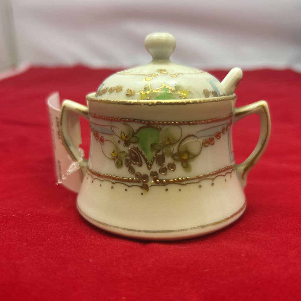 Antique Hand Painted, made in Japan, Lidded Jam/Sugar Bowl, with Spoon.