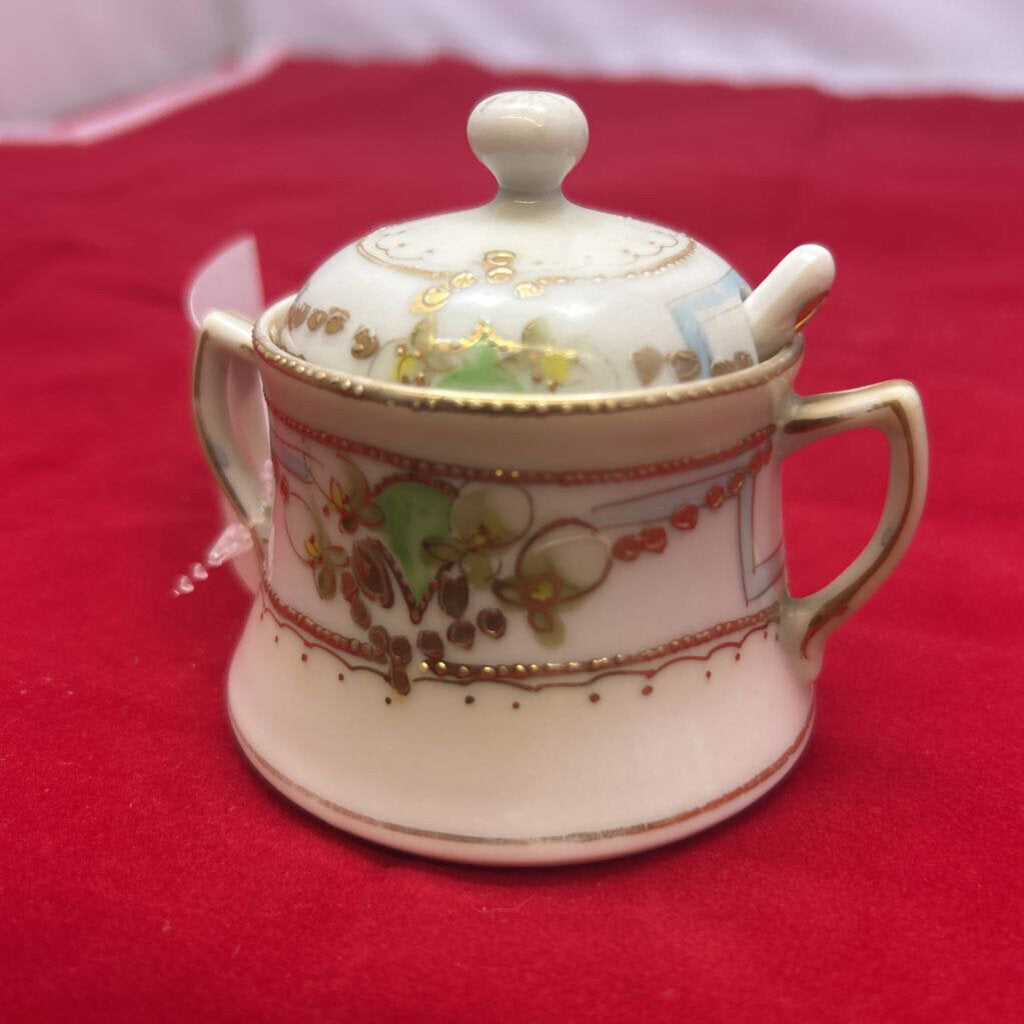 Antique Hand Painted, made in Japan, Lidded Jam/Sugar Bowl, with Spoon.