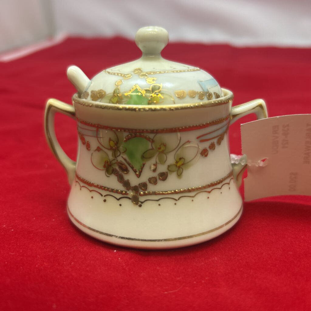 Antique Hand Painted, made in Japan, Lidded Jam/Sugar Bowl, with Spoon.