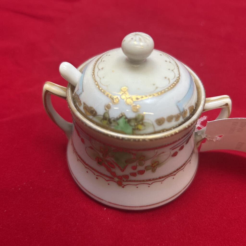 Antique Hand Painted, made in Japan, Lidded Jam/Sugar Bowl, with Spoon.