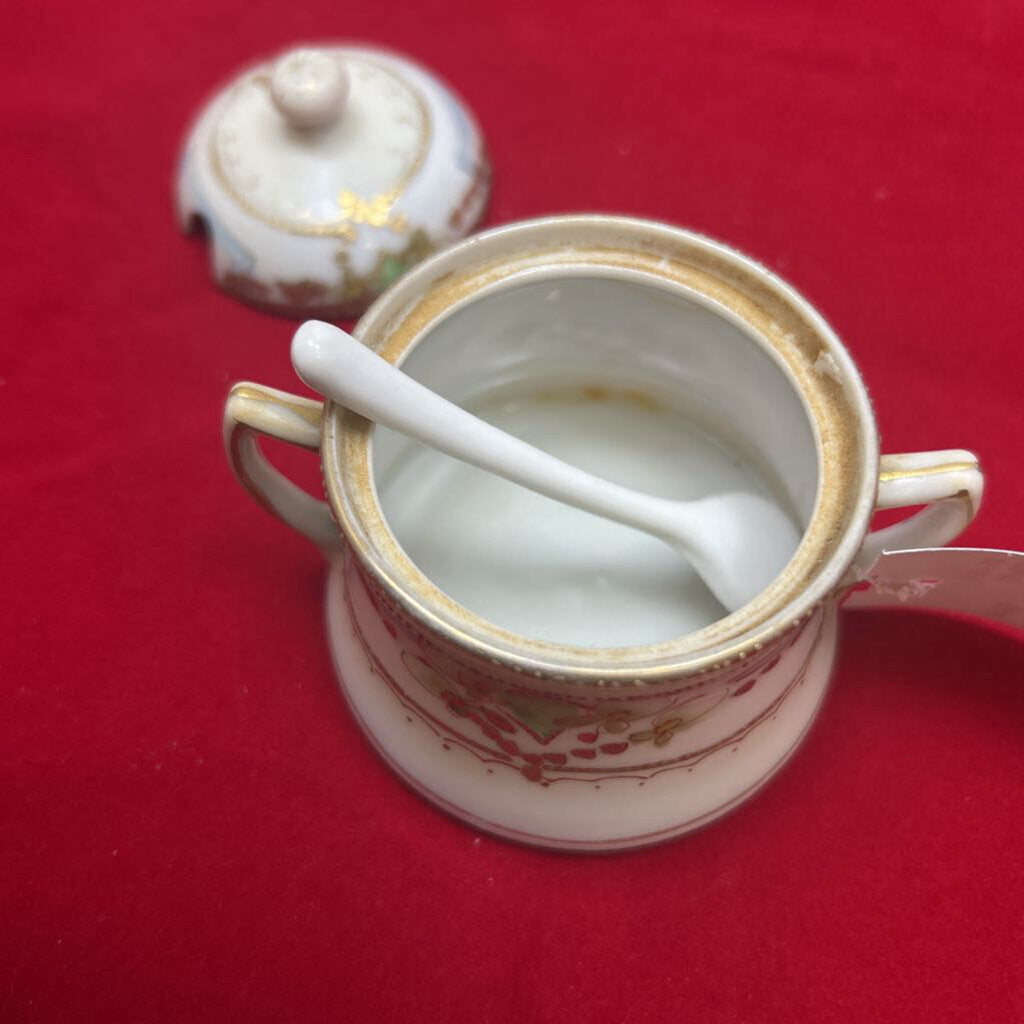 Antique Hand Painted, made in Japan, Lidded Jam/Sugar Bowl, with Spoon.