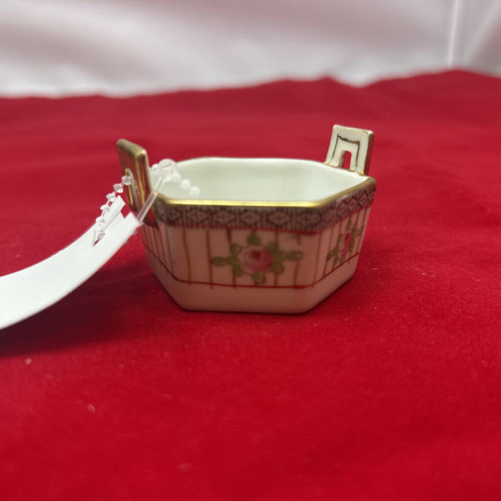 Antique Porcelain Nippon Salt Cellar Dish, Floral with Gold Rim Detail.