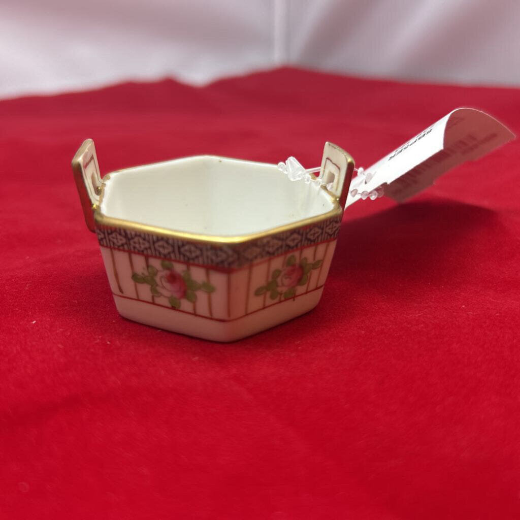 Antique Porcelain Nippon Salt Cellar Dish, Floral with Gold Rim Detail.