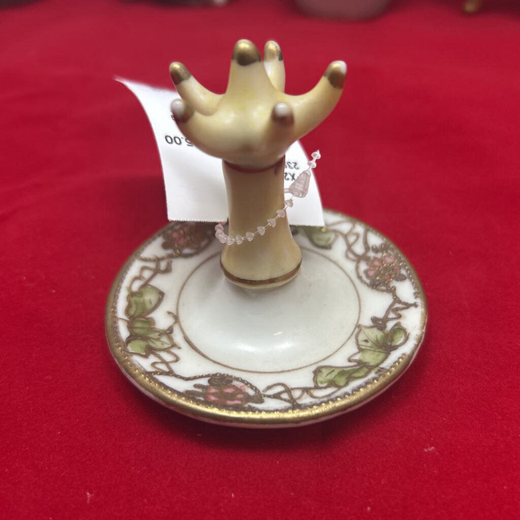 Nippon Porcelain Ring Holder, Hand Painted, Floral Pink/Green