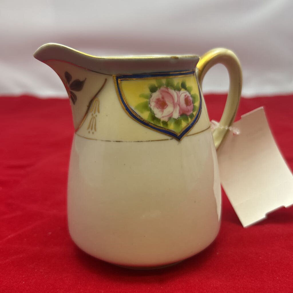 Vintage Nippon Porcelain Creamer Hand painted pink rose gilded gold accents.