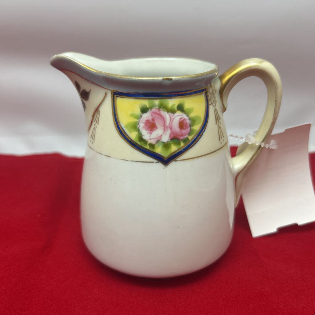 Vintage Nippon Porcelain Creamer Hand painted pink rose gilded gold accents.
