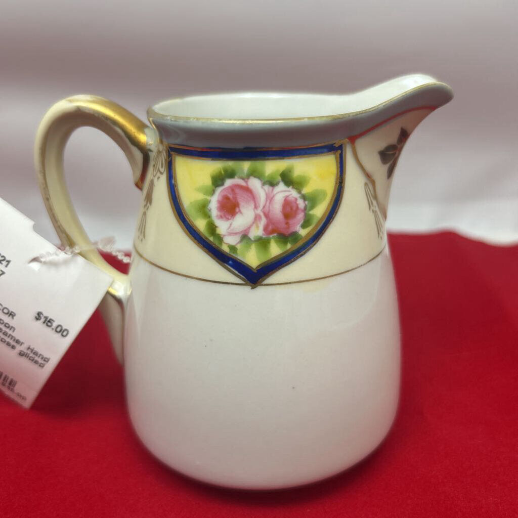 Vintage Nippon Porcelain Creamer Hand painted pink rose gilded gold accents.