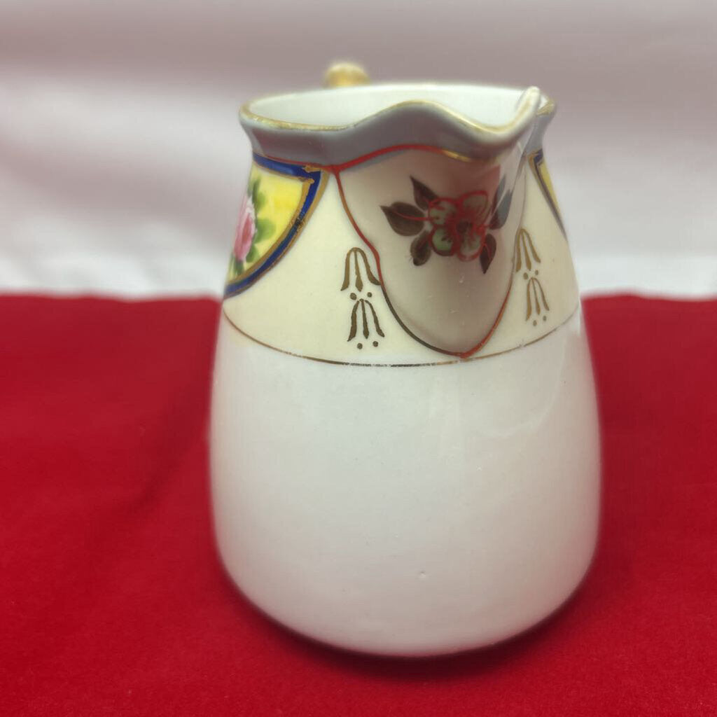 Vintage Nippon Porcelain Creamer Hand painted pink rose gilded gold accents.