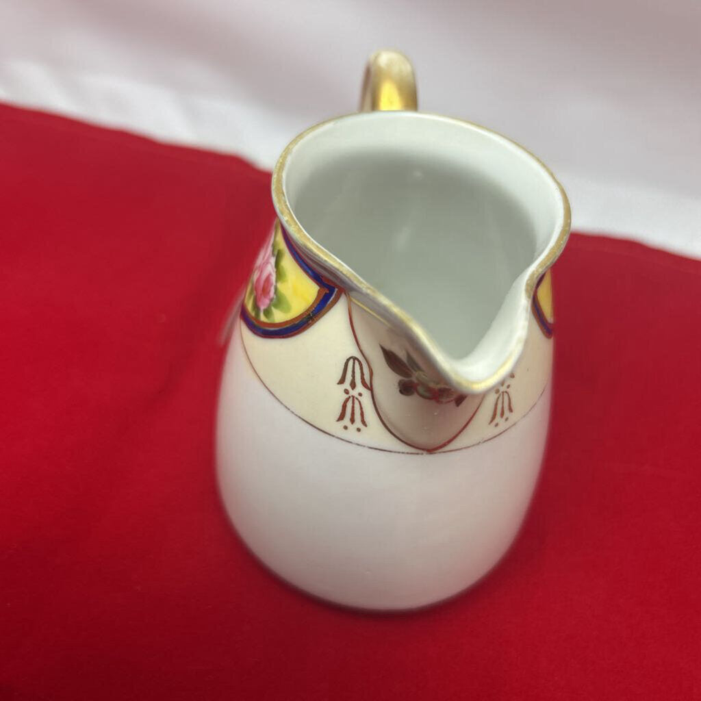 Vintage Nippon Porcelain Creamer Hand painted pink rose gilded gold accents.