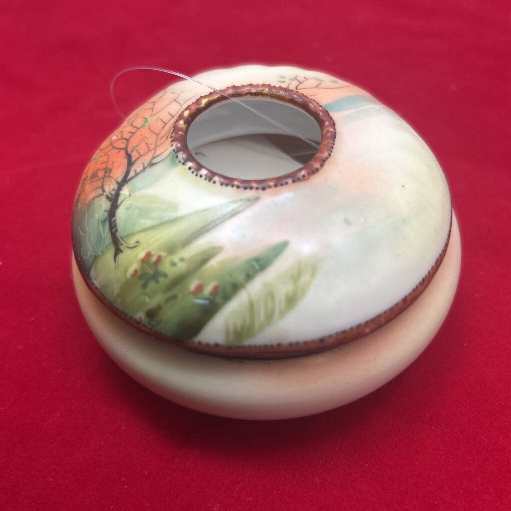 Antique Hand Painted Nippon Porcelain Hair Receiver-Landscape Scene.