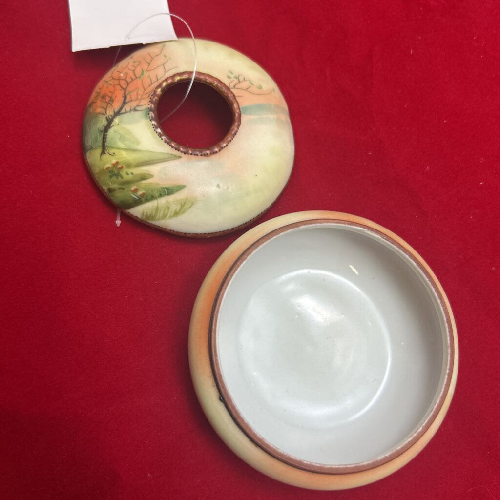 Antique Hand Painted Nippon Porcelain Hair Receiver-Landscape Scene.