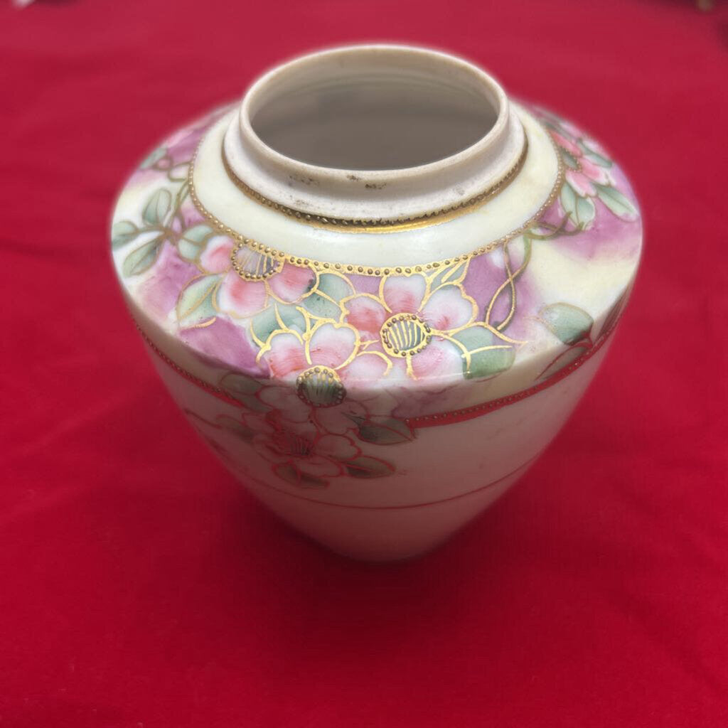 Antique Nippon Porcelain Floral Pink Dresser Vase, Gold Detail.