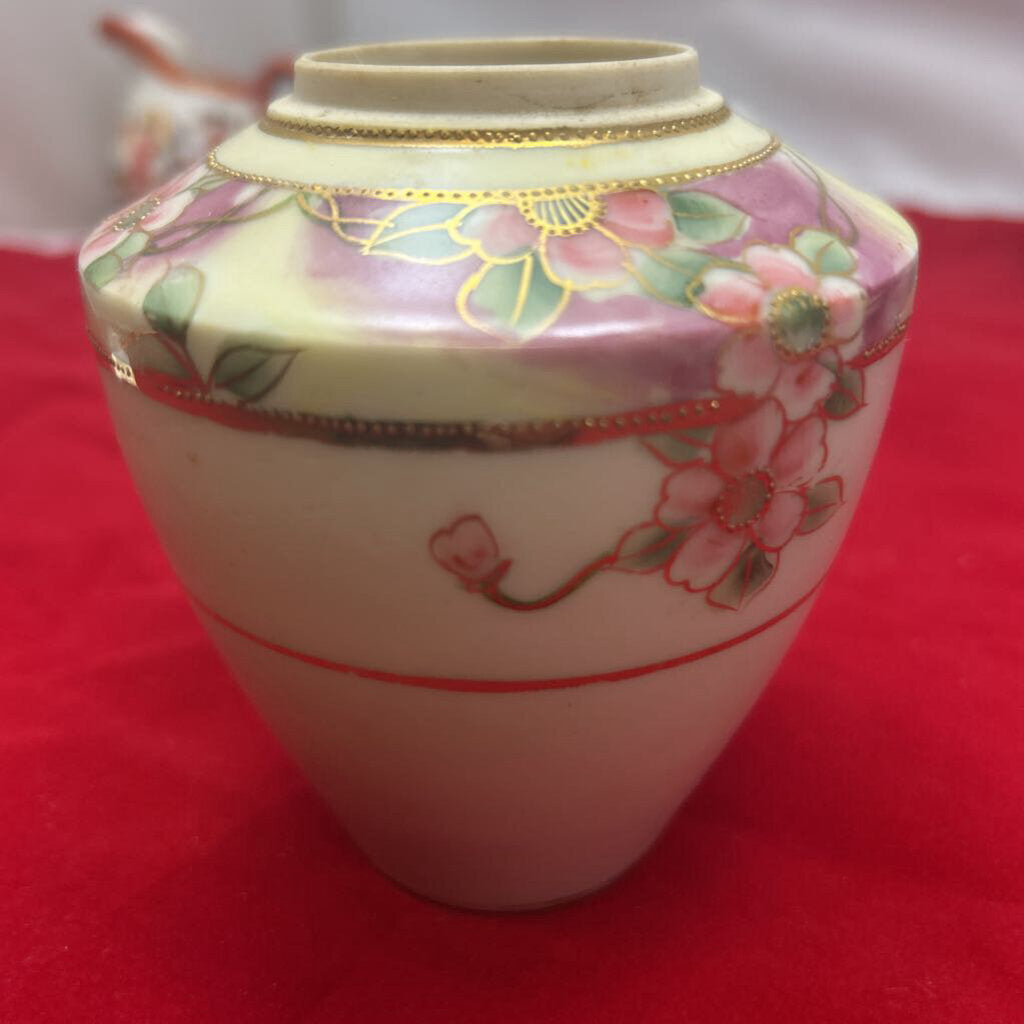 Antique Nippon Porcelain Floral Pink Dresser Vase, Gold Detail.
