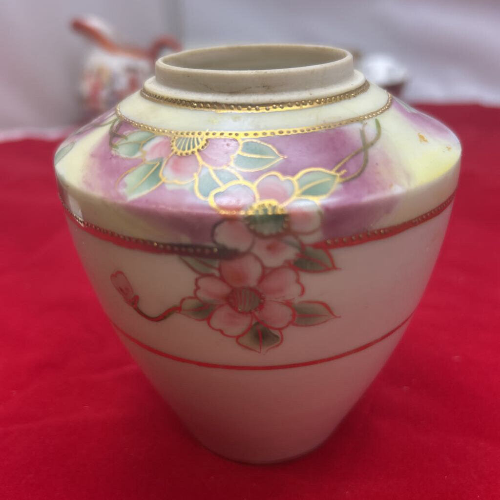 Antique Nippon Porcelain Floral Pink Dresser Vase, Gold Detail.