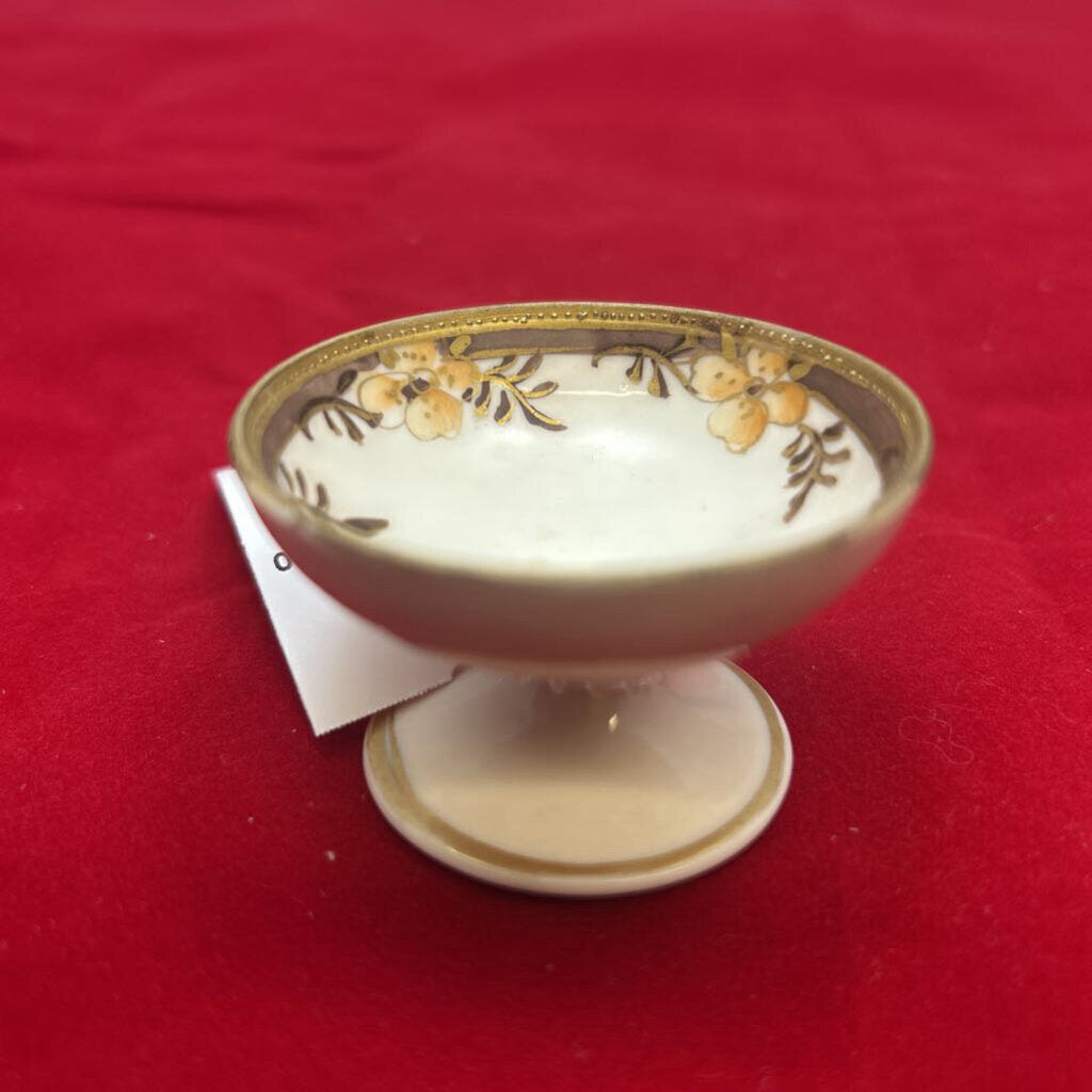 Pedestal Open Salt Cellar/Egg Cup Floral, Gold Detail.
