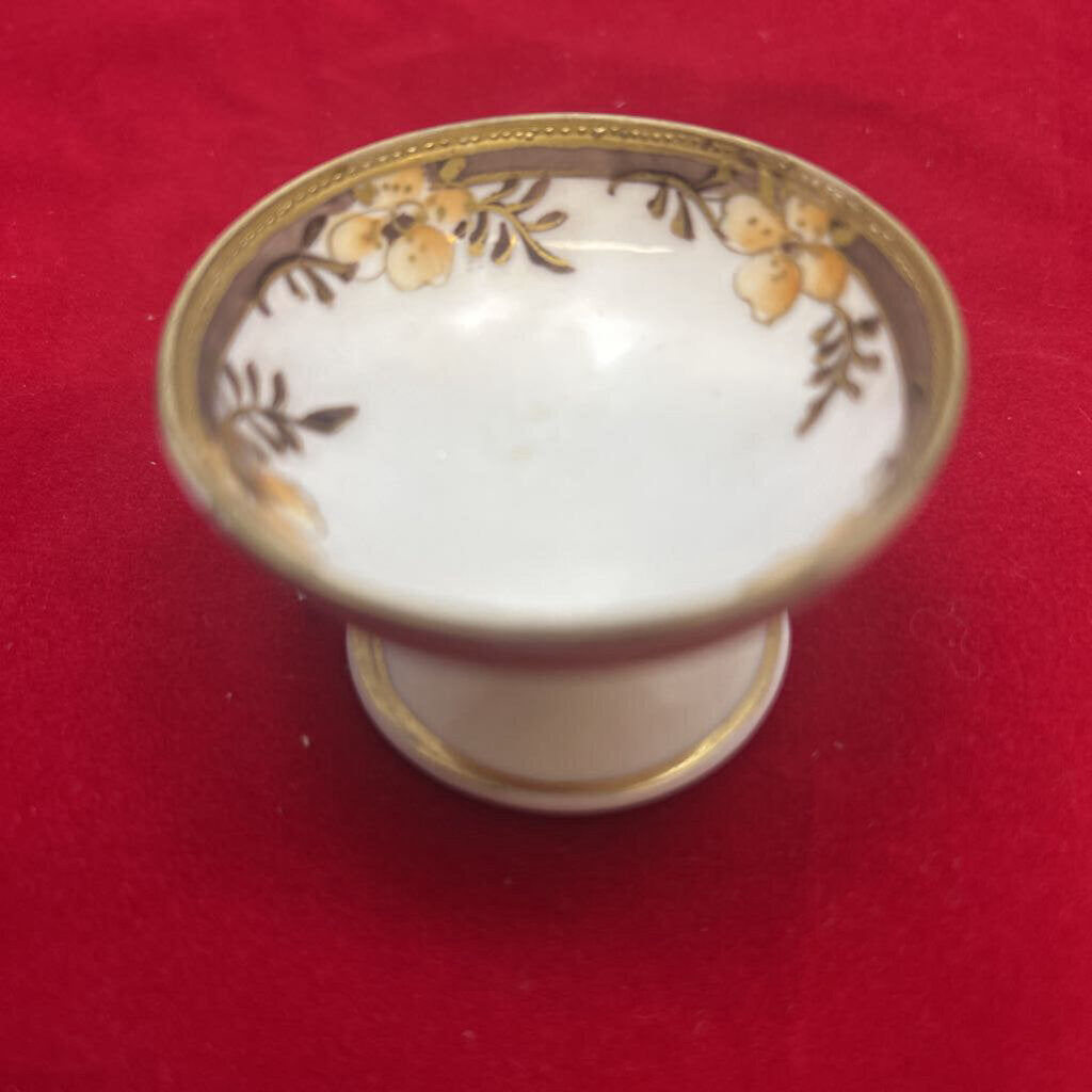 Pedestal Open Salt Cellar/Egg Cup Floral, Gold Detail.