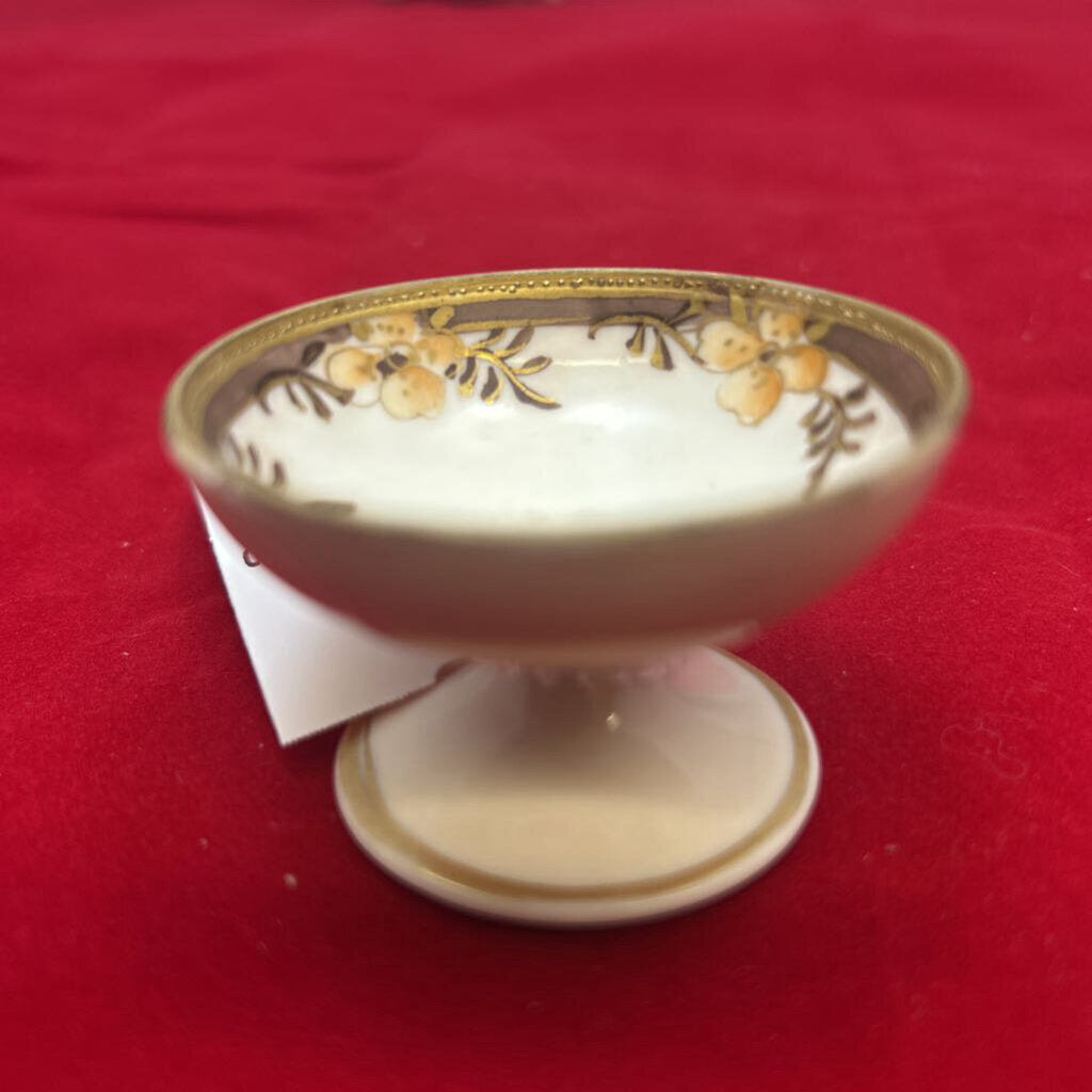 Pedestal Open Salt Cellar/Egg Cup Floral, Gold Detail.
