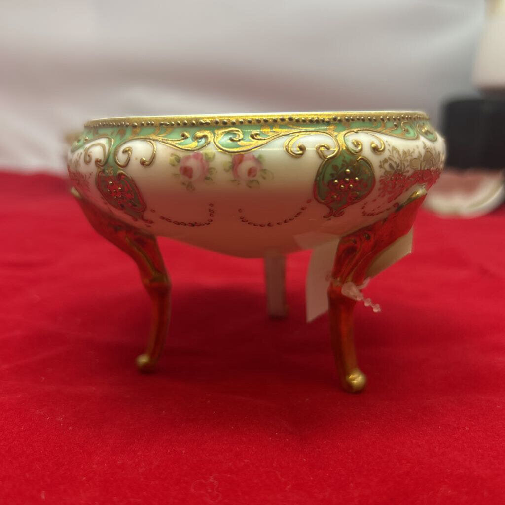Floral Hand Painted Nippon 3 Legged Footed Bowl, Raised Gold Detail, Pink/Green.