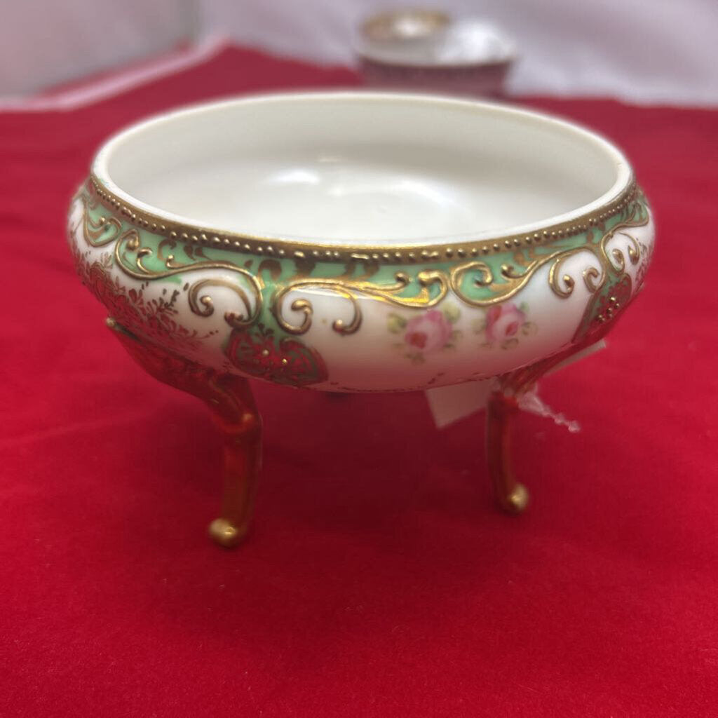 Floral Hand Painted Nippon 3 Legged Footed Bowl, Raised Gold Detail, Pink/Green.
